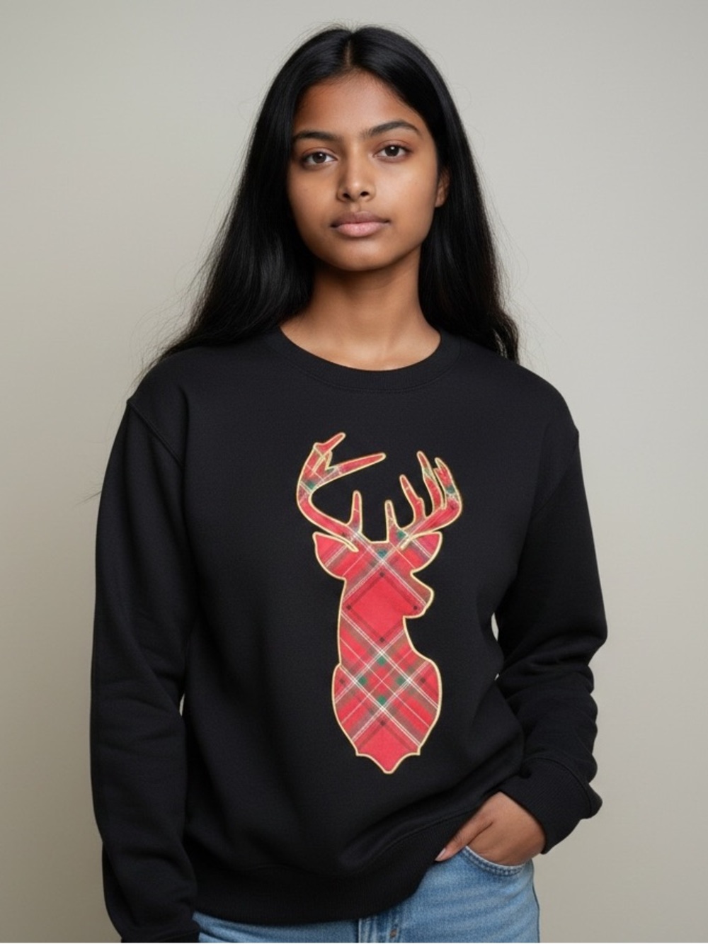 No Boundaries Plaid Reindeer Christmas Fleece Sweatshirt Juniors Small (3-5)
